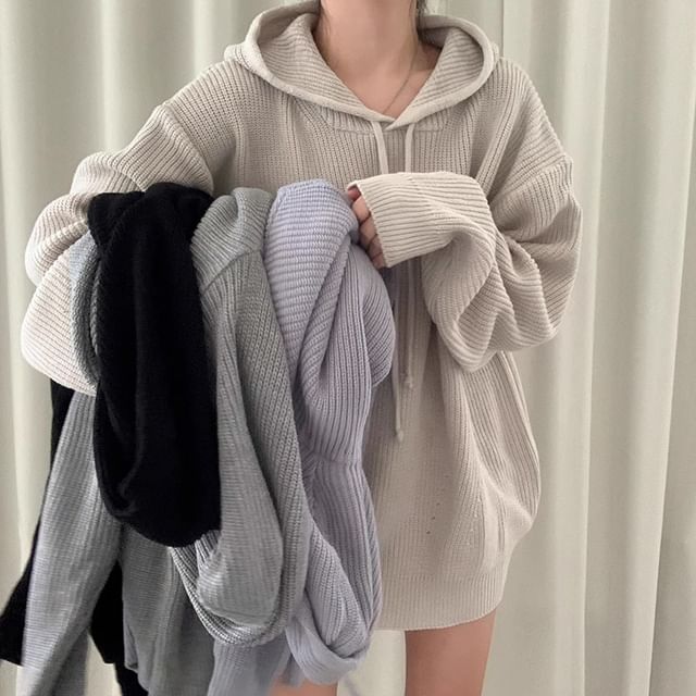 Coris-Plain Hood Ribbed Oversized Sweater