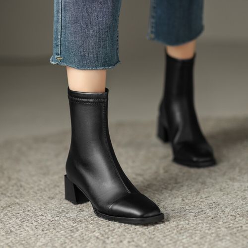 Square-Toe Plain Chunky Heel Short Boots