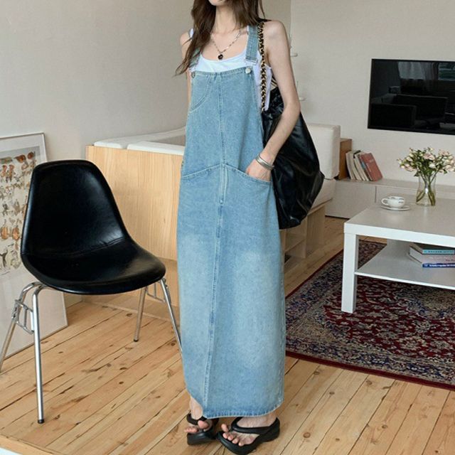 Seoul Crush - Hem Slit Denim Jumper Dress | YesStyle
