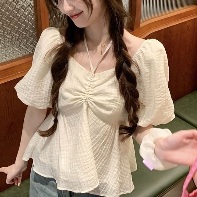 Fabricino-Puff Sleeve V-Neck Plain Drawstring Blouse