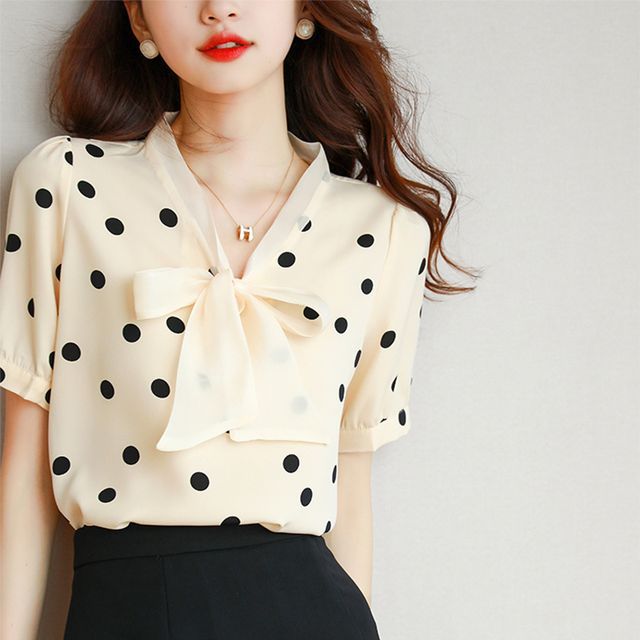 Everose - Short-Sleeve Chiffon Dotted Blouse | YesStyle