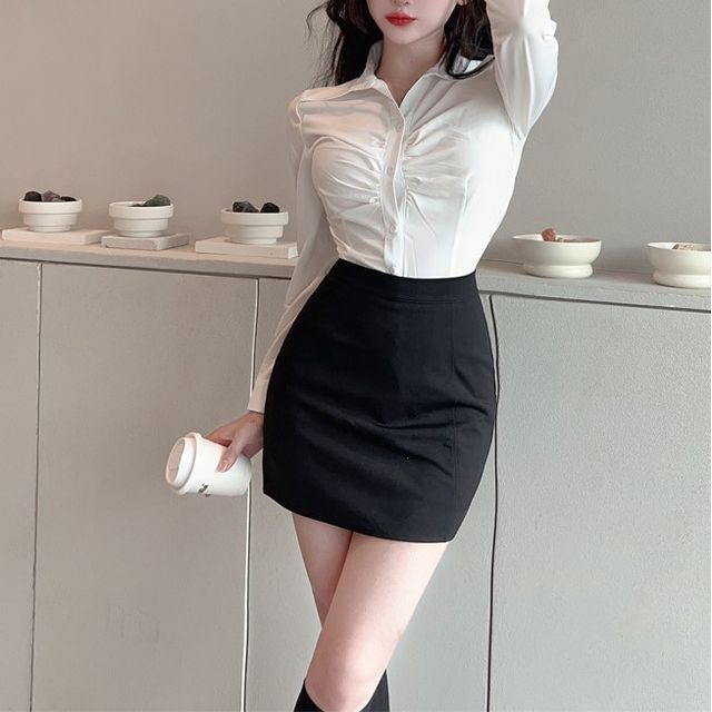 Letme - Plain Ruched Shirt / High Rise Mini Pencil Skirt / Set