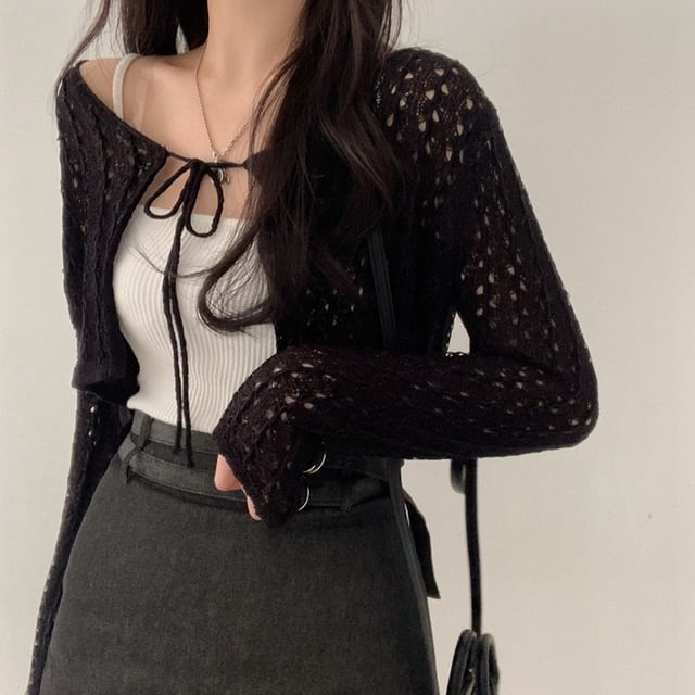 Bigfol-Plain Pointelle Crop Tie Front Cardigan