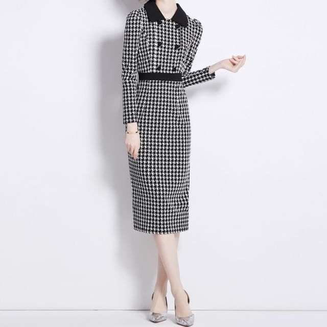 Yilda-Long-Sleeve Collared Double Breasted Houndstooth Midi Sheath Dress
