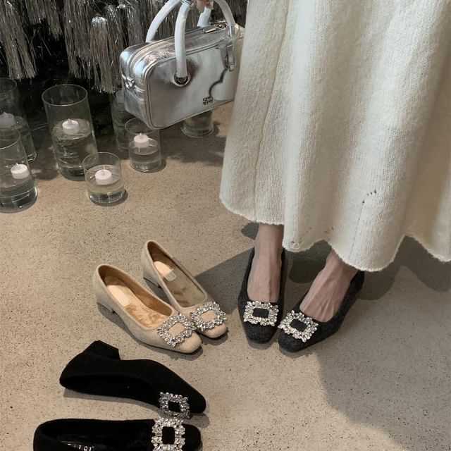 Karlao-Square Toe Rhinestone Buckle Block Heel Pumps