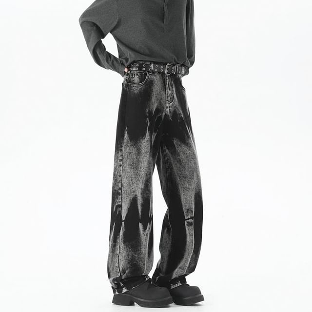YERGO-Mid Rise Washed Straight Leg Jeans