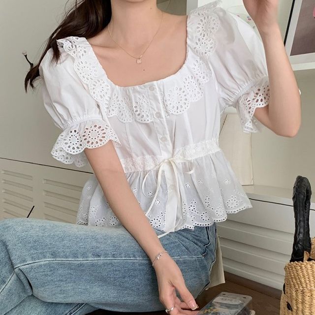 Bakli - Puff-Sleeve Square-Neck Eyelet Lace Trim Drawstring Blouse