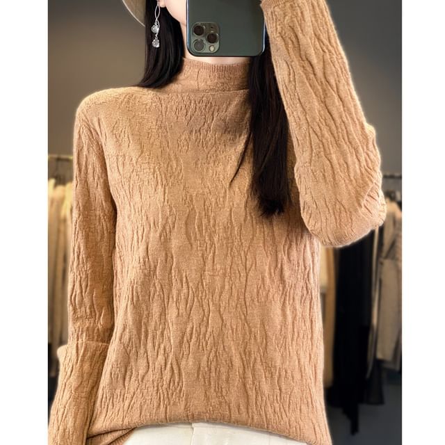 Weelop-Long-Sleeve Mock Neck Plain Knit Top