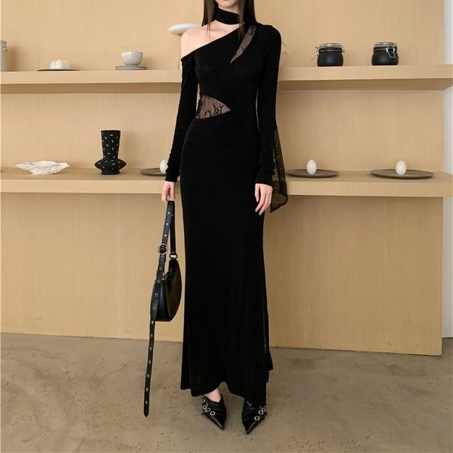 Arabesquito-Long Sleeve One Shoulder Plain Panel Lace Maxi Sheath Dress