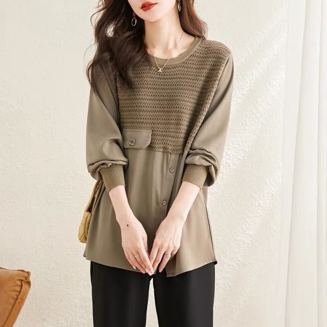 Jeonseon-Mock Two-Piece Long-Sleeve Round Neck Knit Panel Blouse