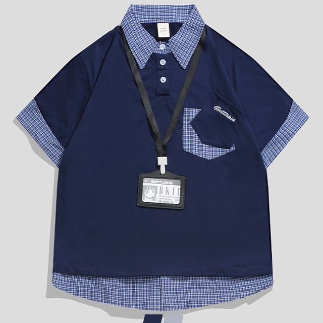 purplelouve-Short-Sleeve Collar Plain Plaid Panel Patchwork T-Shirt