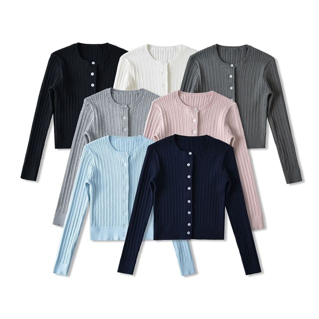 Asiris-Crewneck Button-Up Plain Cardigan