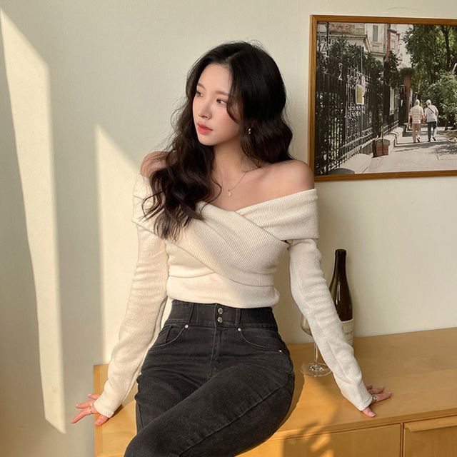 chuu - Crisscross Off-Shoulder Knit Top 