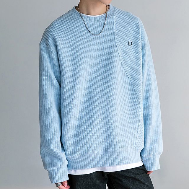 Long-Sleeve Crew Neck Plain Paneled Sweater