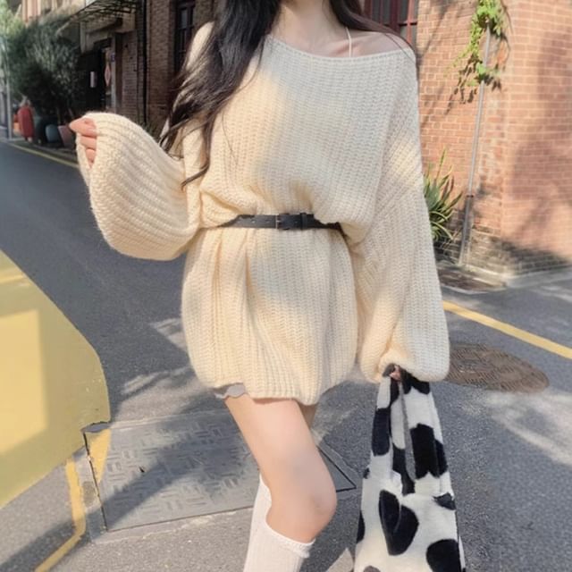 Muezz-Puff-Sleeve One-Shoulder Plain Oversized Sweater