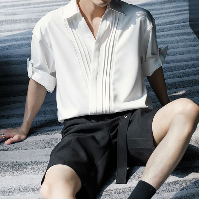 CHIC ERRO-Short Sleeve Collared Plain Pleated Shirt