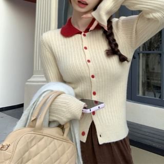 Beem-Collar Two Tone Ribbed Cardigan