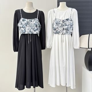 Lemongrass Chain-Accent Printed Vest / Puff-Sleeve A-Line Dress