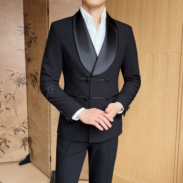 Sheck-Set Shawl Collar Plain Double Breasted Blazer Mid Rise Plain Wide Leg Dress Pants