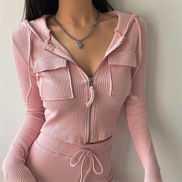 RainGirl-Set Hooded Cropped Zip Jacket Skinny Pants