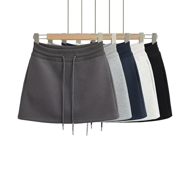 Hollahop-Drawstring Waist Plain Mini A-Line Skirt