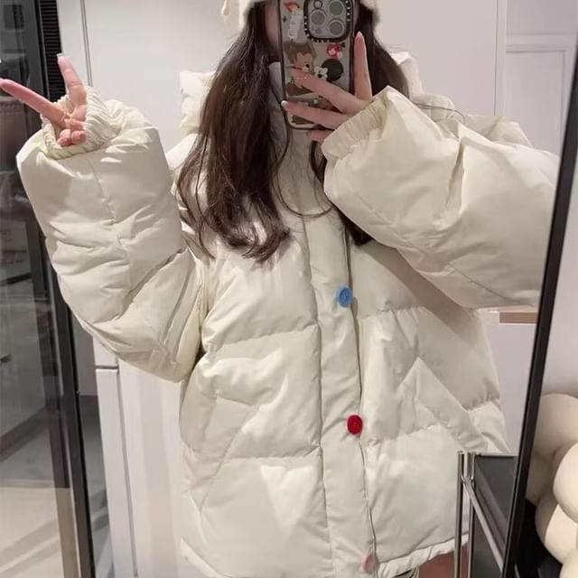 PANDAGO-Hooded Stand Collar Button Up Puffer Jacket