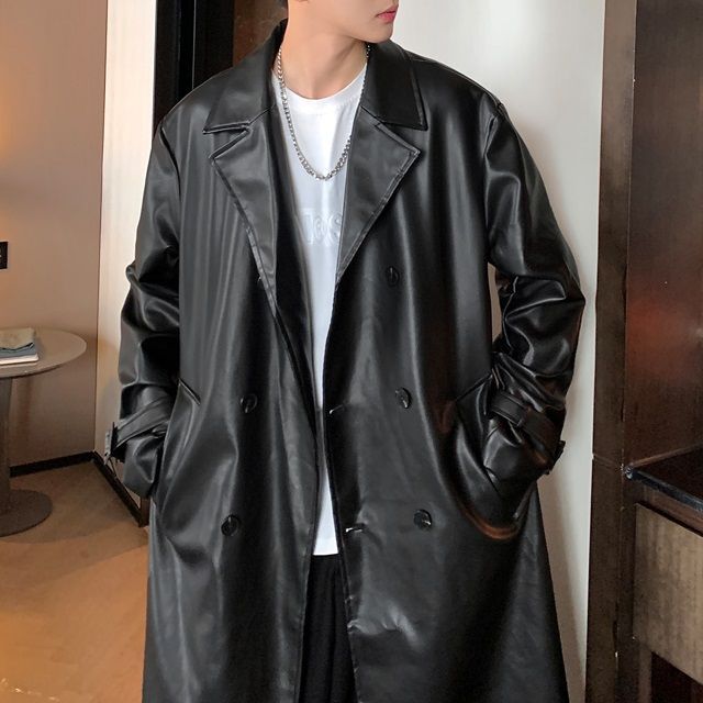 Long-Sleeve Single Breasted Faux Leather Trench Coat