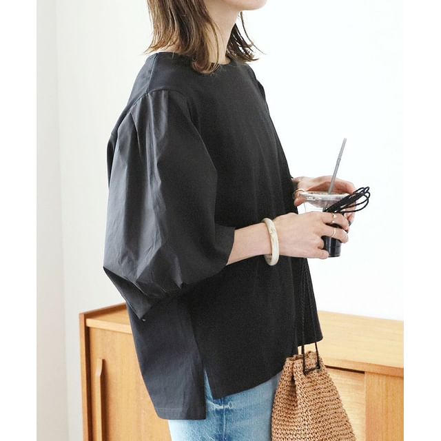 MIKIGA-Balloon Sleeve Crew Neck Plain Blouse