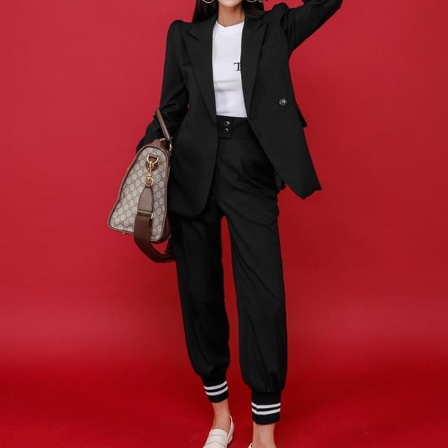 Yilda-Set Double Breasted Plain Blazer Harem Pants