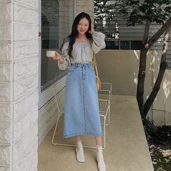 MERONGSHOP - Slit-Back H-Line Denim Skirt MERONGSHOP - Slit-Back H-Line Denim Skirt