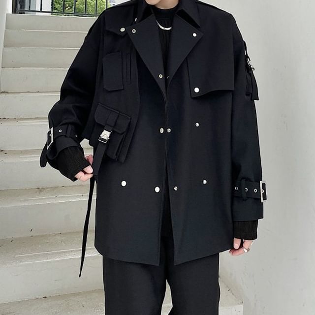 Bjorn-Plain Pocket Detail Buckled Snap Button Jacket