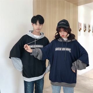 Cowpow - Couple Matching Mock Two-Piece Lettering Hoodie | YesStyle
