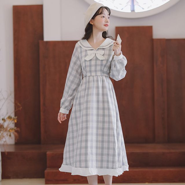 sansweet - Long-Sleeve Plaid A-Line Midi Dress | YesStyle