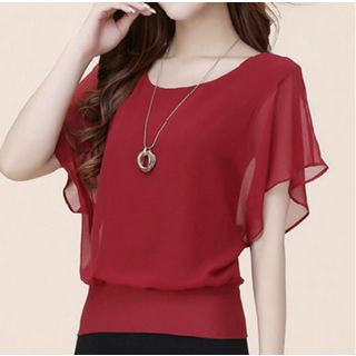 INEN-Plain Short Sleeve Chiffon Top