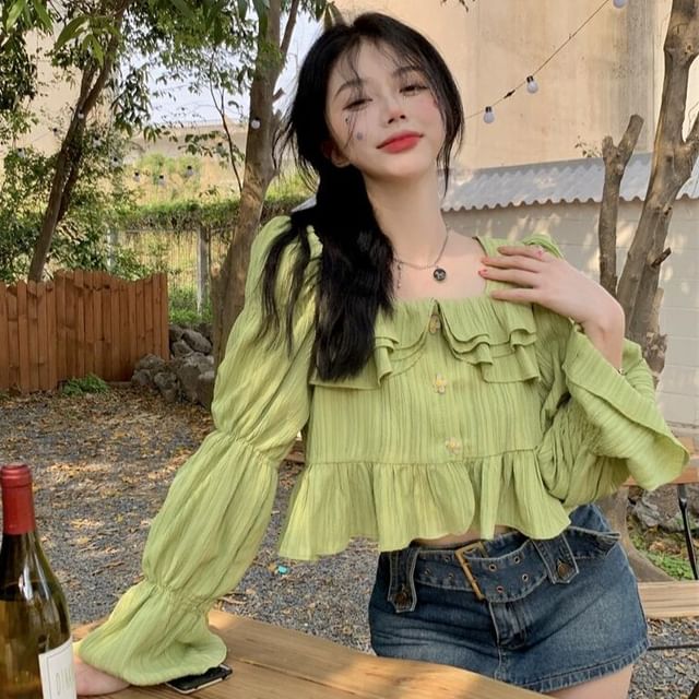 ANORA-Puff-Sleeve Square-Neck Plain Ruffled Button-Up Blouse