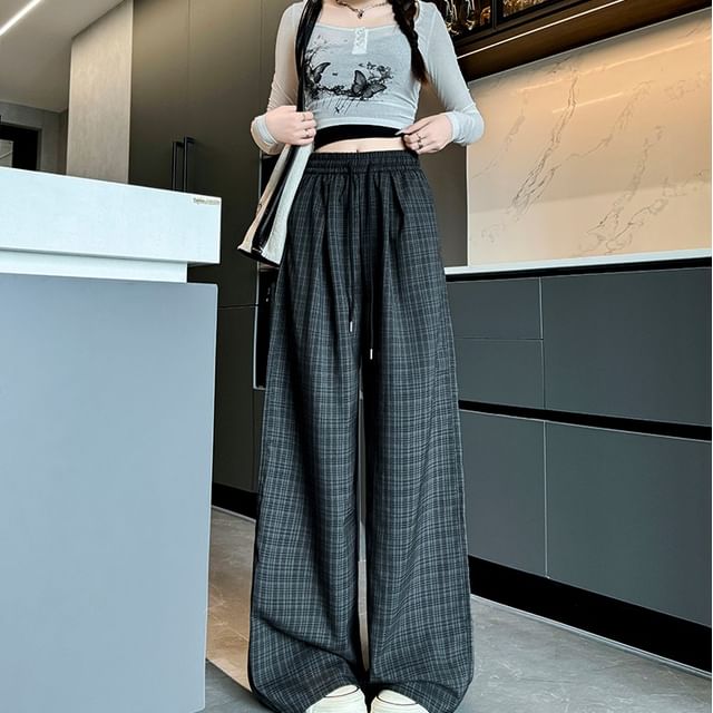 evanesce-High Waist Drawstring Plaid Baggy Pants