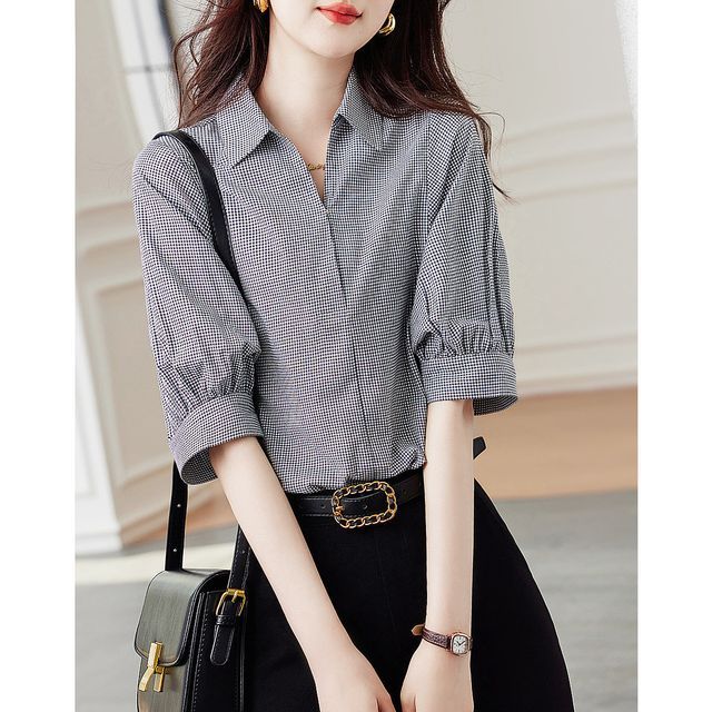 [Archivejtou] Korean Puff Sleeve Gingham Blouse main image 0