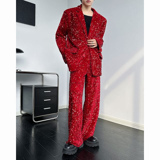 Patow-Notch Lapel Sequin Single-Breasted Blazer