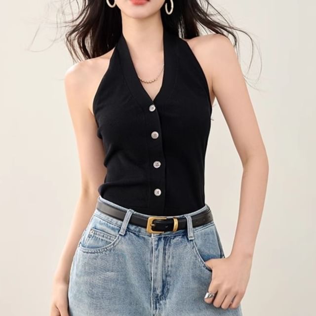 Dragan Pulse-Sleeveless V-Neck Button-Up Plain Top