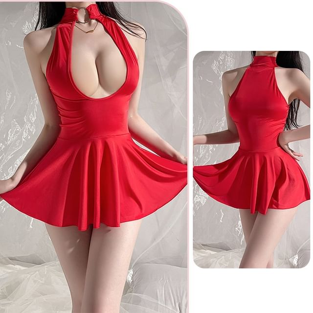 Candyiry-Set Halter Plain Hoop Accent Babydoll G-String