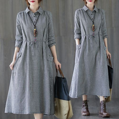 Cotton A-Line Plaid Shirt Dress