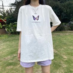 Piwonia - Butterfly Print Elbow-Sleeve T-Shirt Piwonia - Butterfly Print Elbow-Sleeve T-Shirt