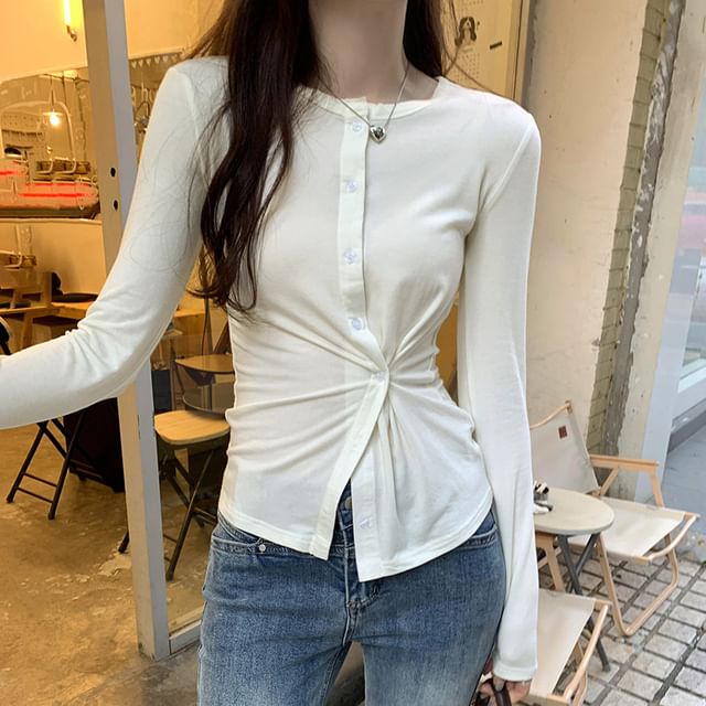 Asiris-Long-Sleeve Button-Up Twisted Plain Top