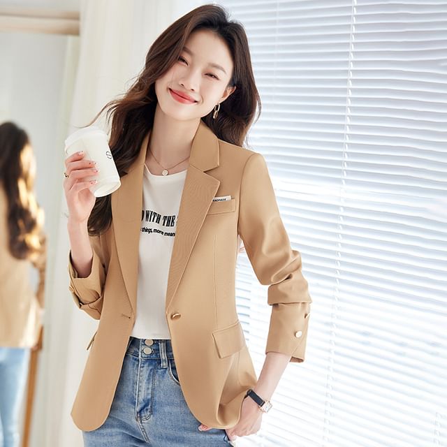 Skyheart-Notch Lapel Plain Single-Button Blazer