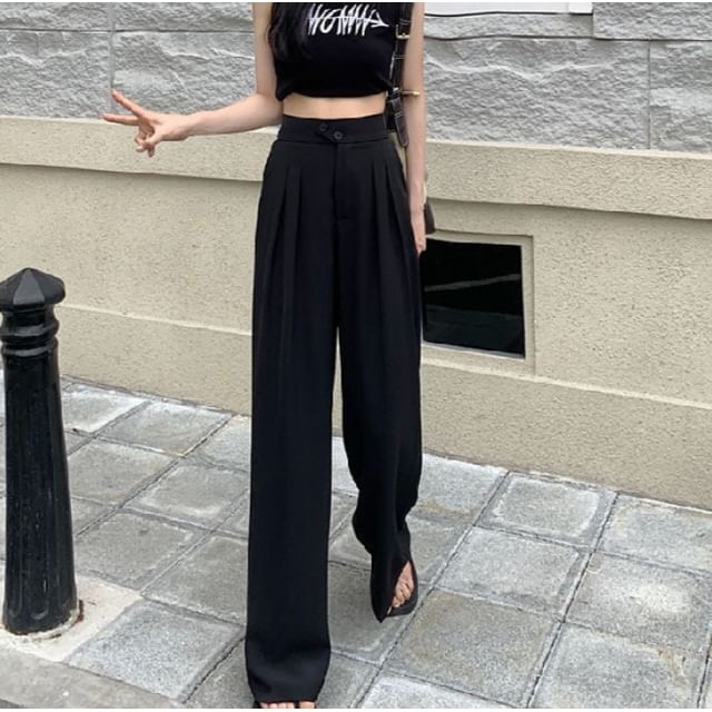 Leoom-High Waist Plain Wide Leg Slacks