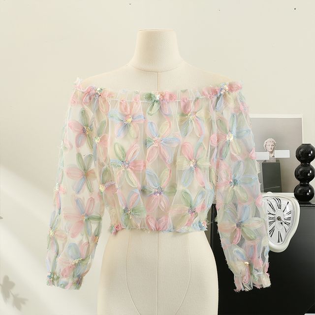Lemongrass-Off-Shoulder Flower Mesh Blouse