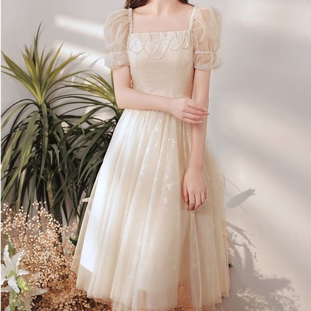 knee length dresses for ladies Zapaka Women Ivory Formal Dress with Short Sleeves Jacquard Round Neck A-Line Midi Length Prom Dress, Ivory / US14