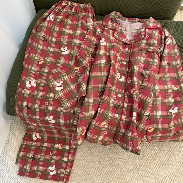 GOUB-Pajama Set Plaid Button-Up Shirt Pants