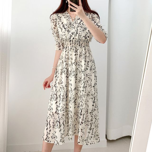 Brigitte - Elbow-Sleeve V-Neck Floral Print Midi A-Line Wrap Dress |  YesStyle