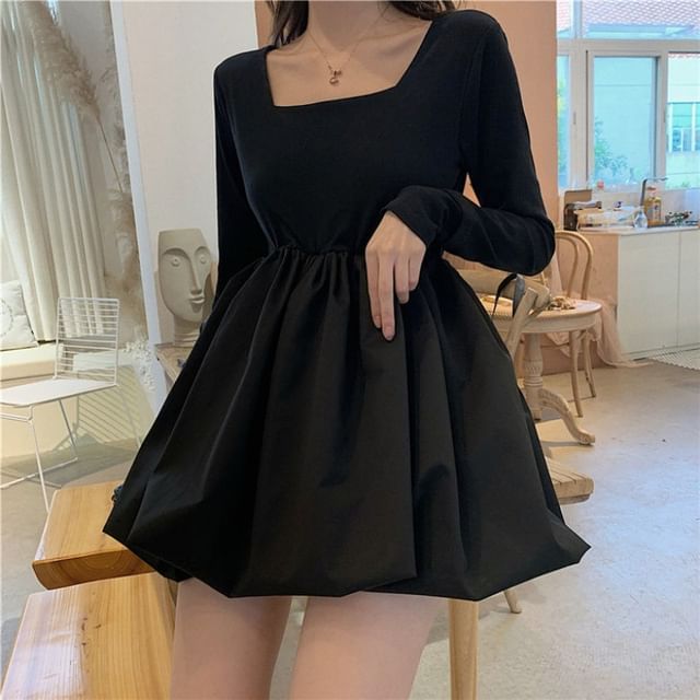 Sisyphi-Long-Sleeve Square Neck Plain Bubble Hem Mini A-Line Dress